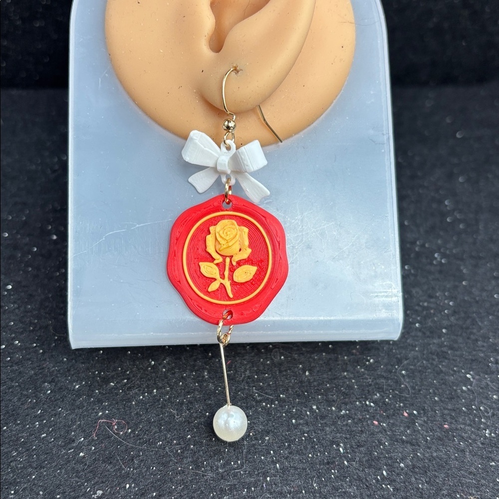 Red Postage Stamp Rose Earrings with Bow & Pearl Drop - Picture 2 of 3